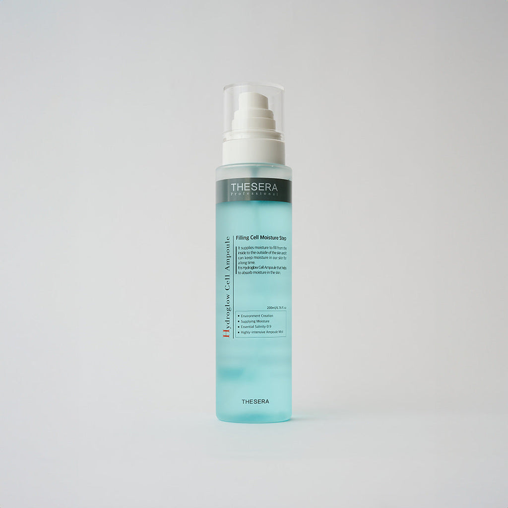 Thesera Professional Hydroglow Cell Ampoule Mist 200ml in a clear aqua spray bottle — concentrated hydrating ampoule mist for barrier support and long-lasting moisture, on a light background