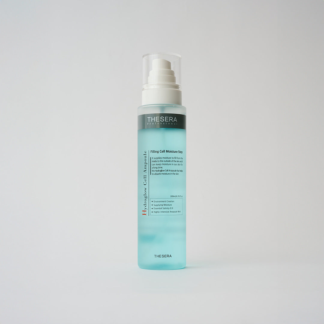 Thesera Professional Hydroglow Cell Ampoule Mist 200ml in a clear aqua spray bottle — concentrated hydrating ampoule mist for barrier support and long-lasting moisture, on a light background