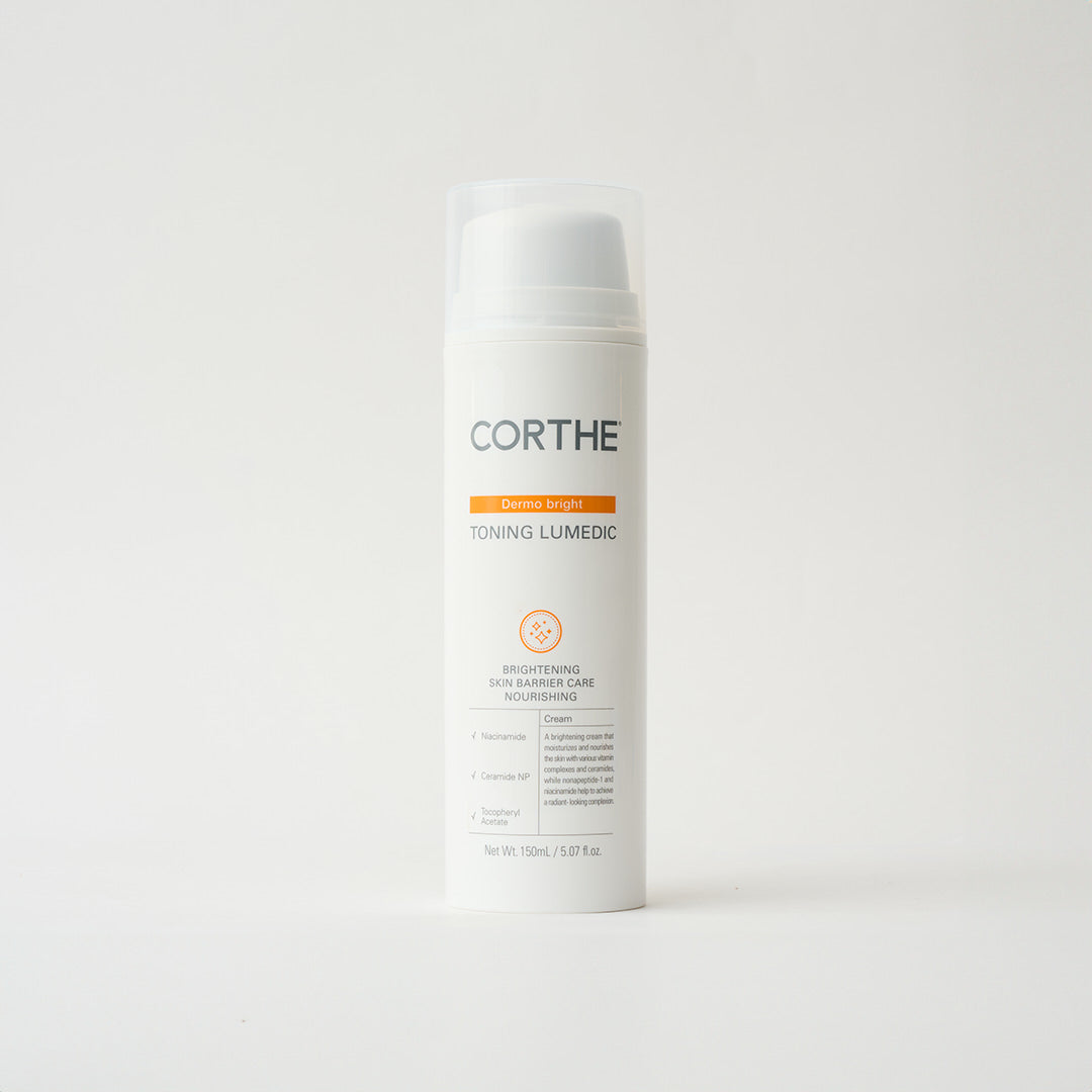 Corthe Dermo Bright Toning Lumedic brightening cream 150ml in a white airless pump bottle — skin brightening and barrier care treatment for uneven tone and discoloration, on a white background