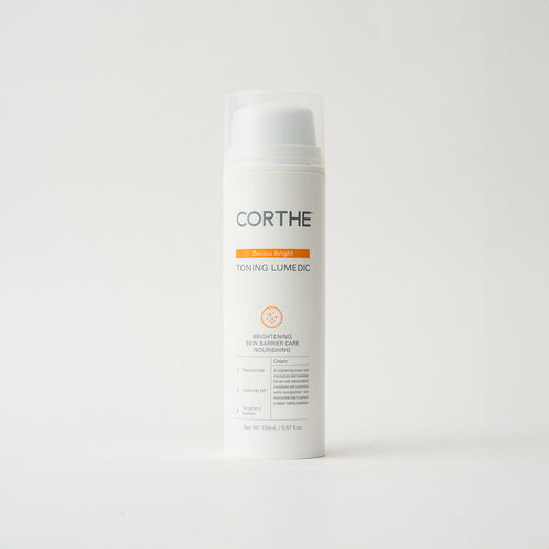 Corthe Dermo Bright Toning Lumedic brightening cream 150ml in a white airless pump bottle — skin brightening and barrier care treatment for uneven tone and discoloration, on a white background