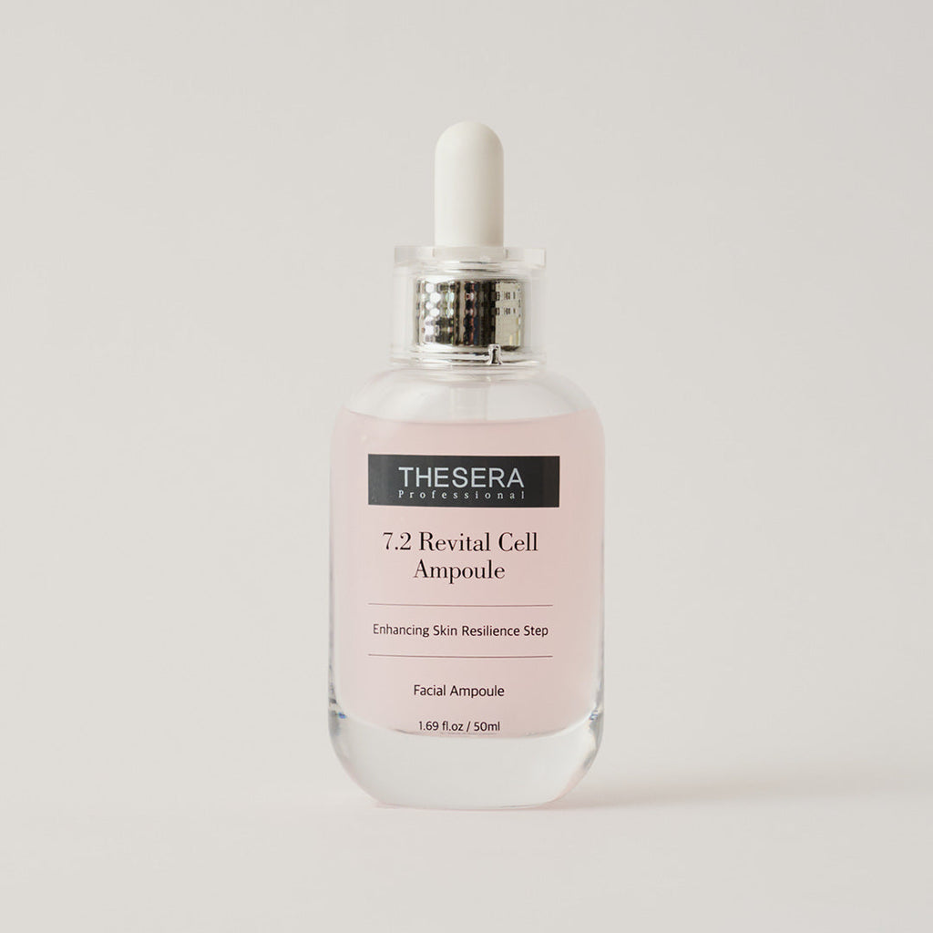 Thesera Professional 7.2 Revital Cell Ampoule 50ml glass dropper bottle with pink label — anti-aging facial serum for skin firmness and resilience, on a neutral background