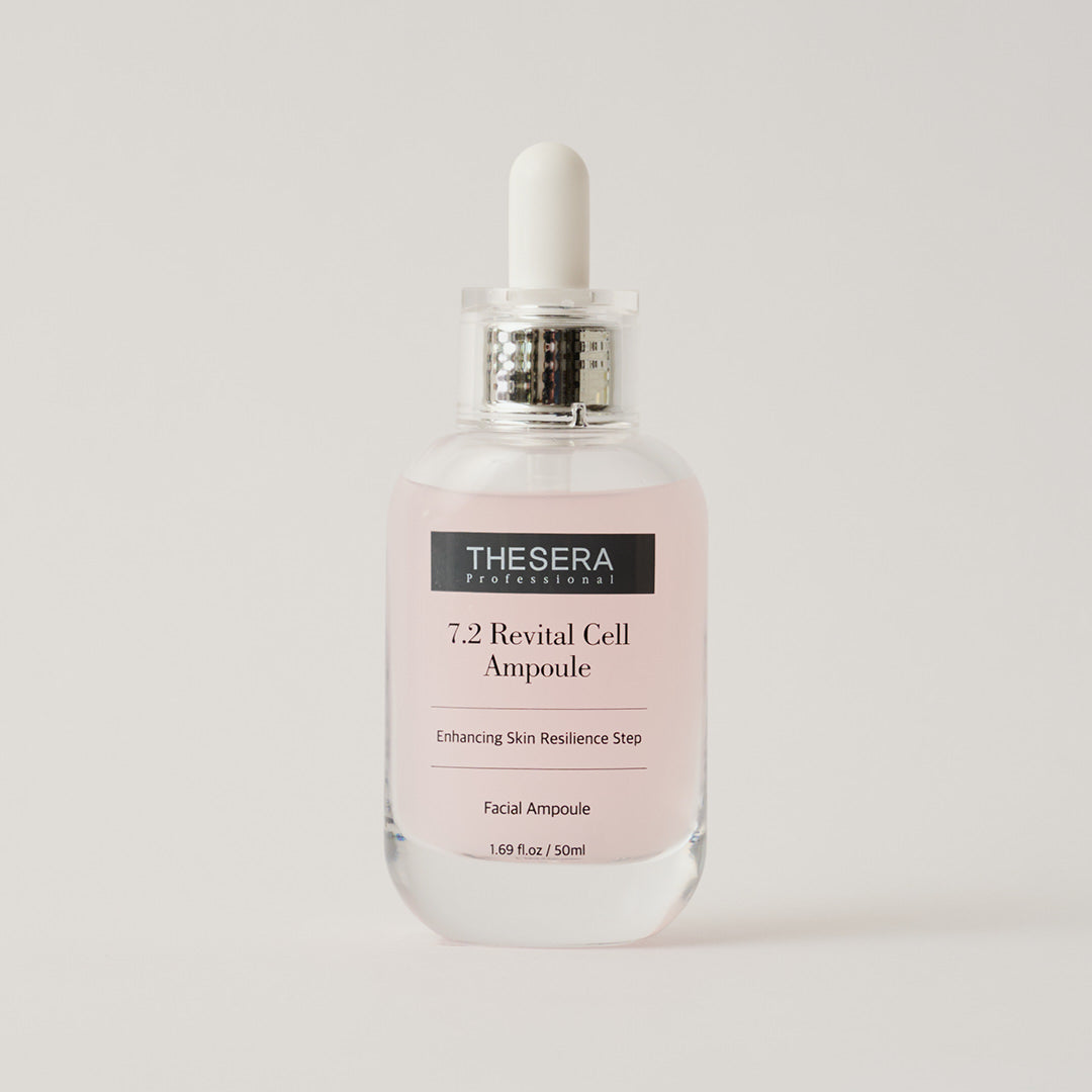 Thesera Professional 7.2 Revital Cell Ampoule 50ml glass dropper bottle with pink label — anti-aging facial serum for skin firmness and resilience, on a neutral background