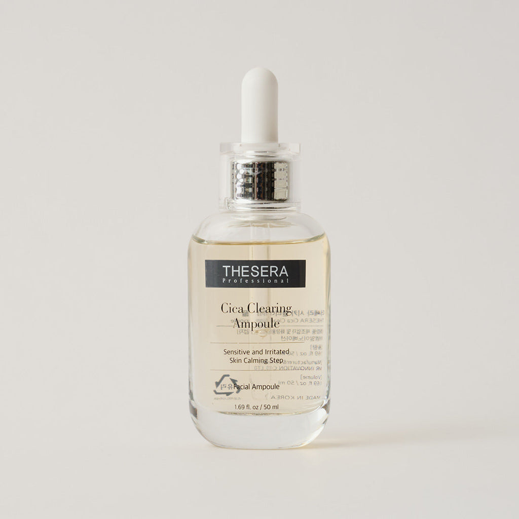 Thesera Professional Cica Clearing Ampoule 50ml dropper bottle — lightweight facial serum for sensitive and irritated skin, on a neutral background