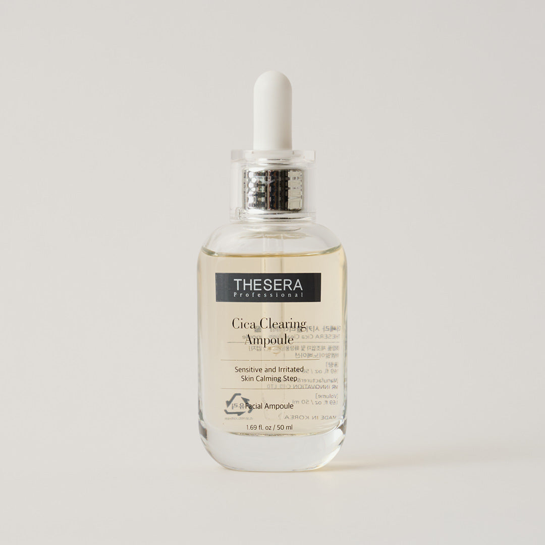 Thesera Professional Cica Clearing Ampoule 50ml dropper bottle — lightweight facial serum for sensitive and irritated skin, on a neutral background